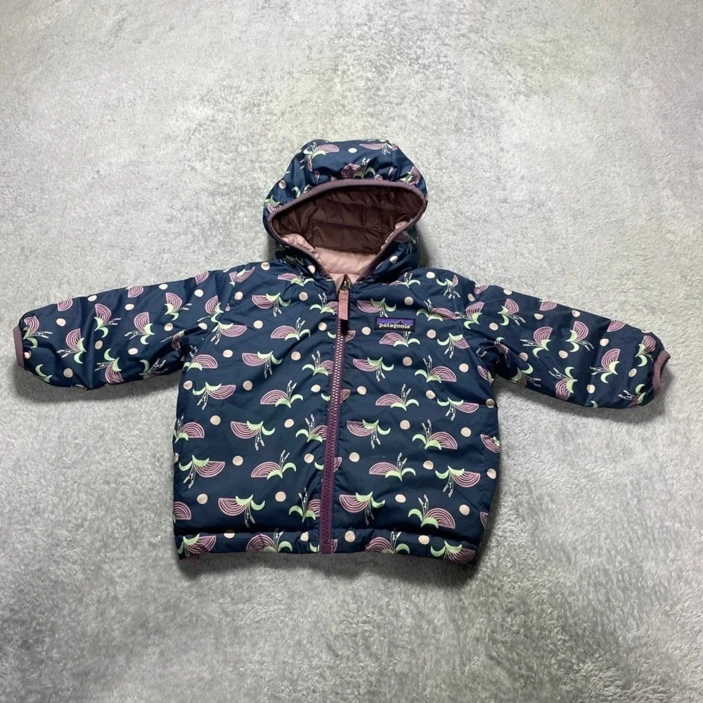 Patagonia Baby 12-18M Down Sweater Hoody Reversible Puffer Navy Pink Floral